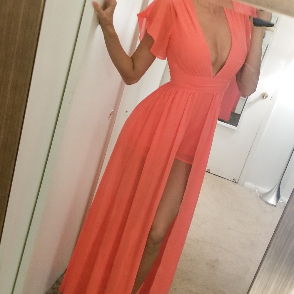 LF coral neon maxi romper shorts overlay dress s